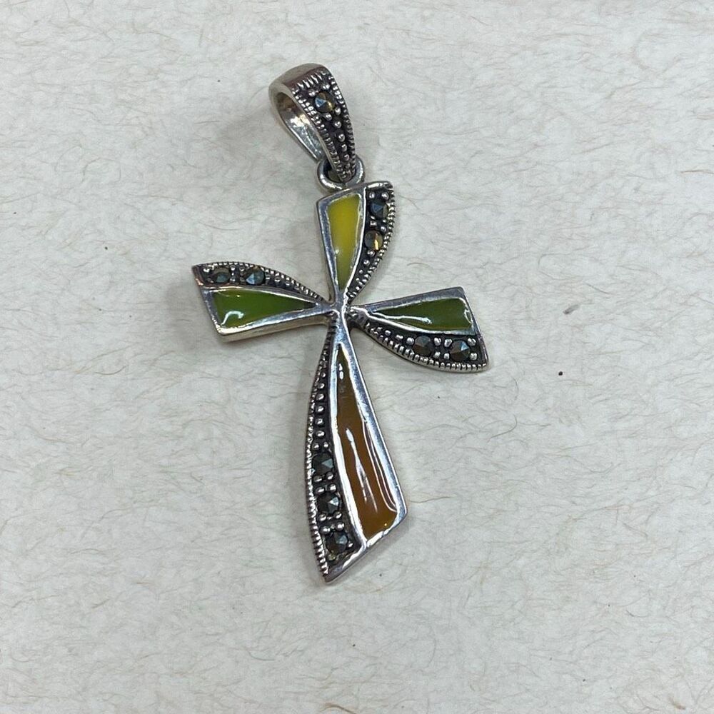 Vtg Marsala Sterling Silver Marcasite Cross Pendant Signed